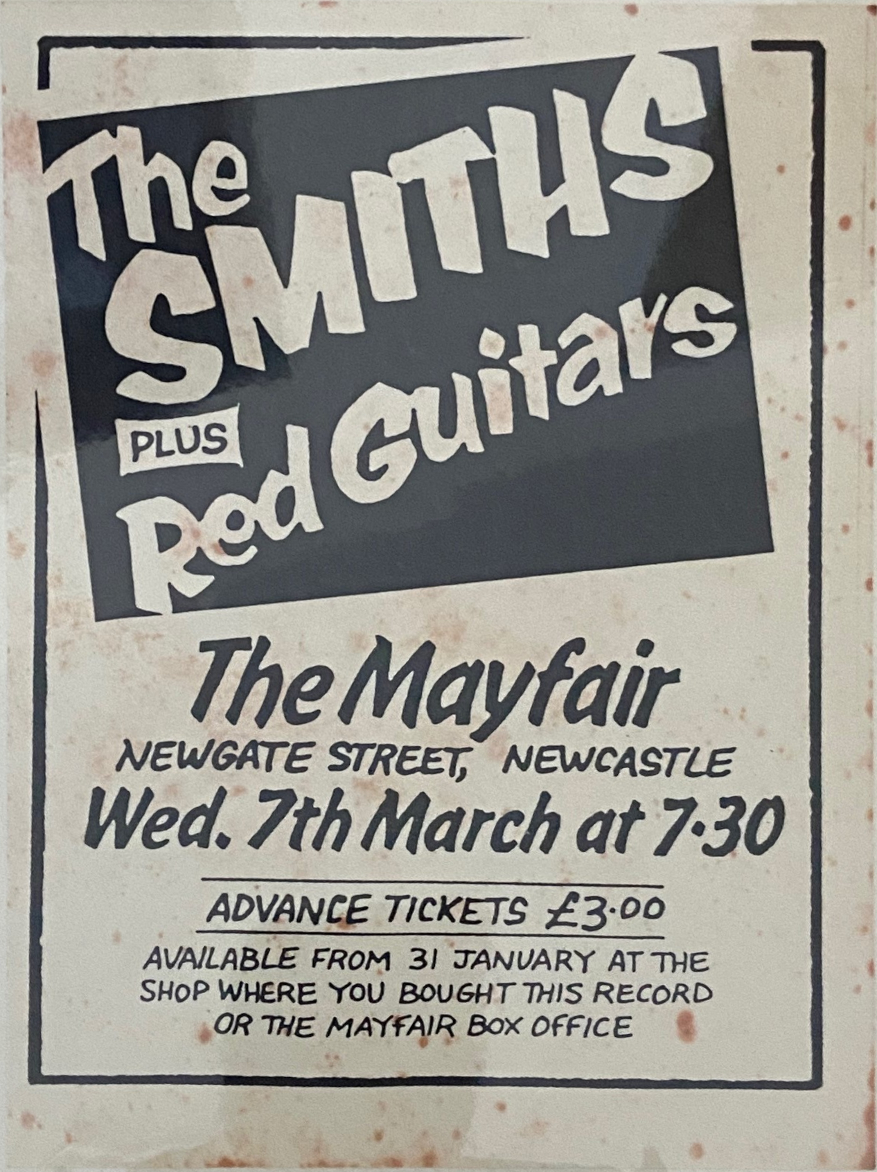 Rare poster supporting the Smiths at the Mayfair, Newcastle, 07/03/1984.